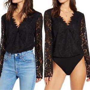Wayf Black Lace Long-Sleeve V-Neck Bodysuit